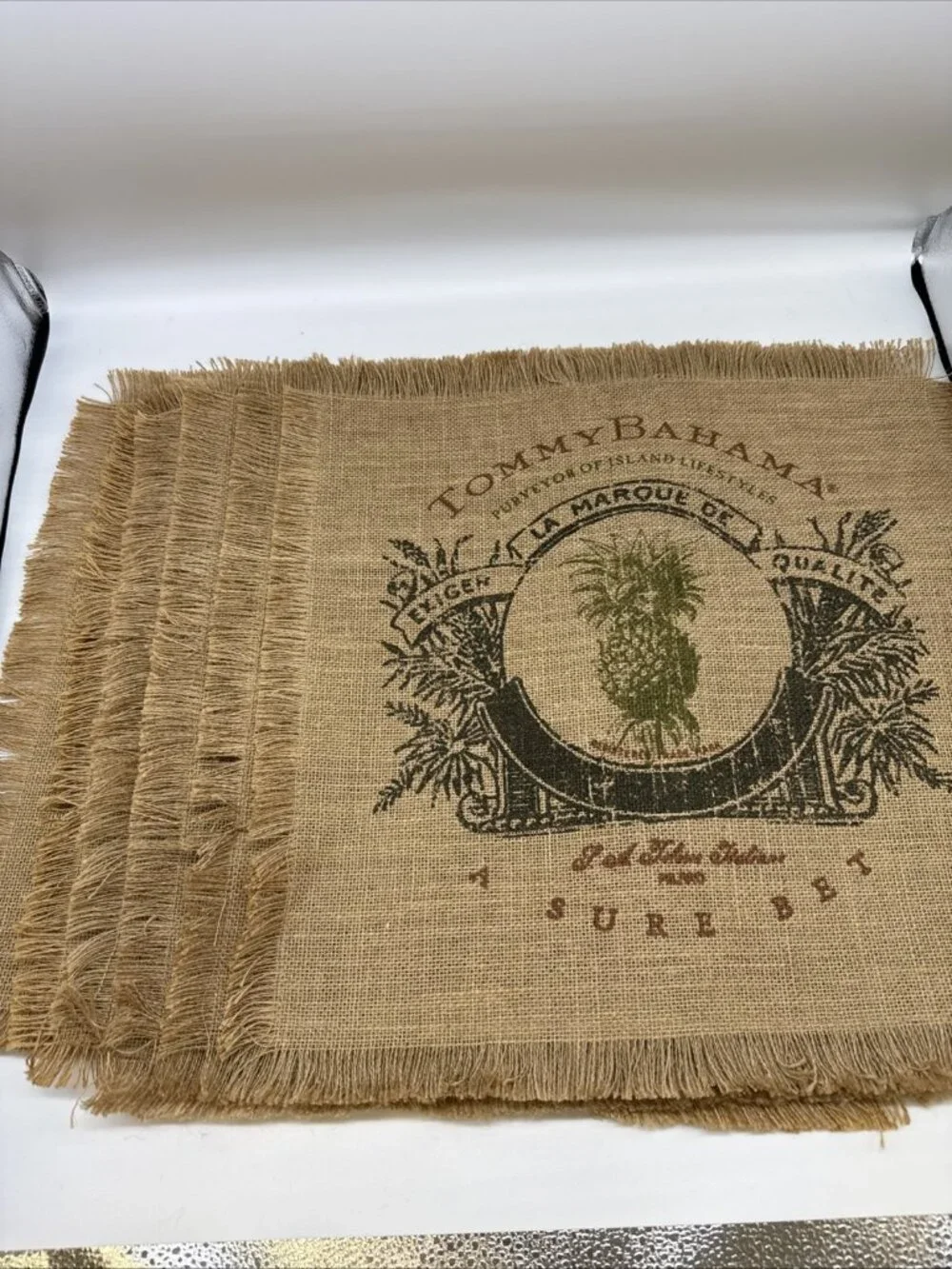 6 Tommy Bahama Burlap Jute Table Placemats Pineapple Tropical Beach Tiki